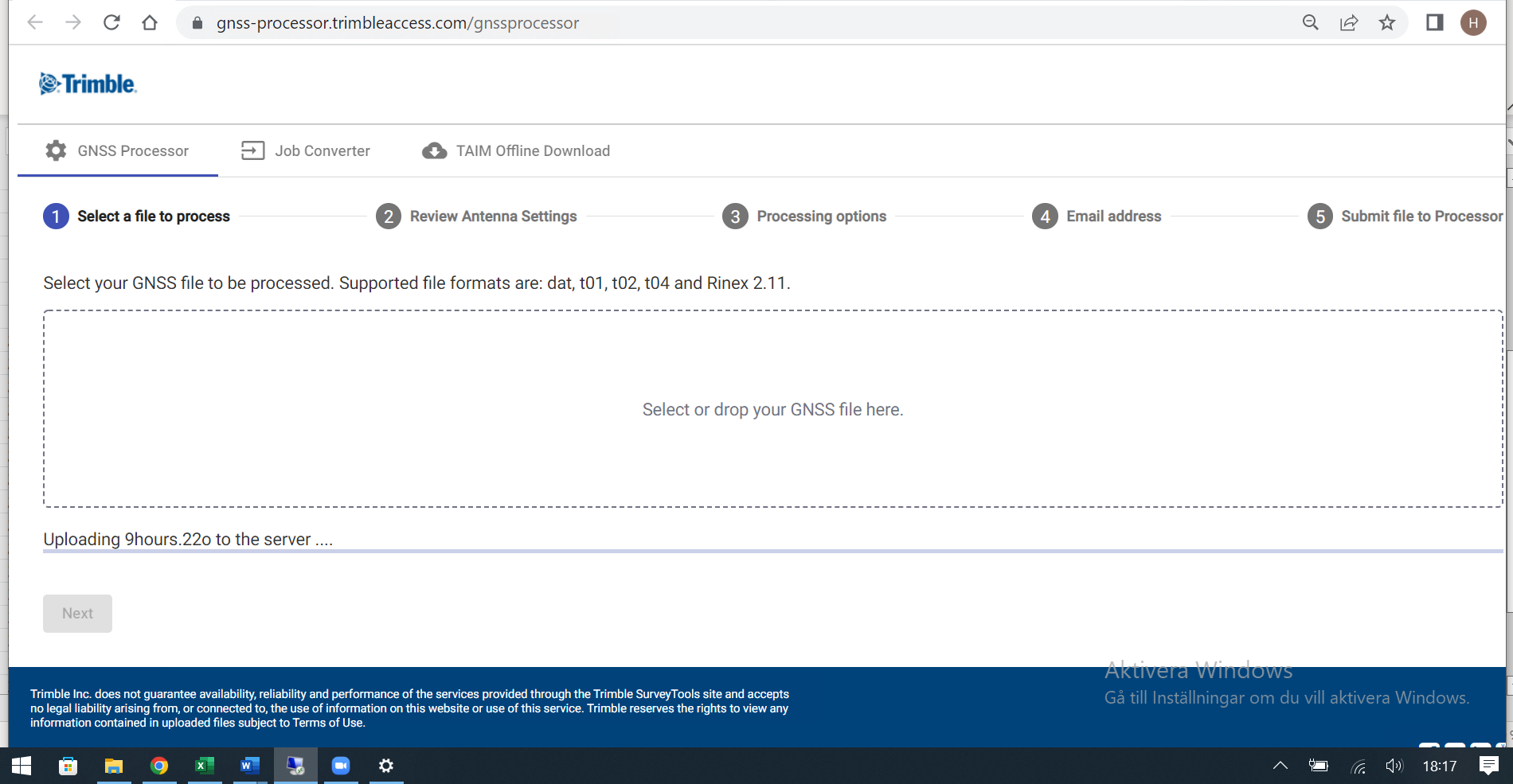 The error when I am trying to upload the file on processing services. It just loads, but nothing more. I cant proceed to the next page